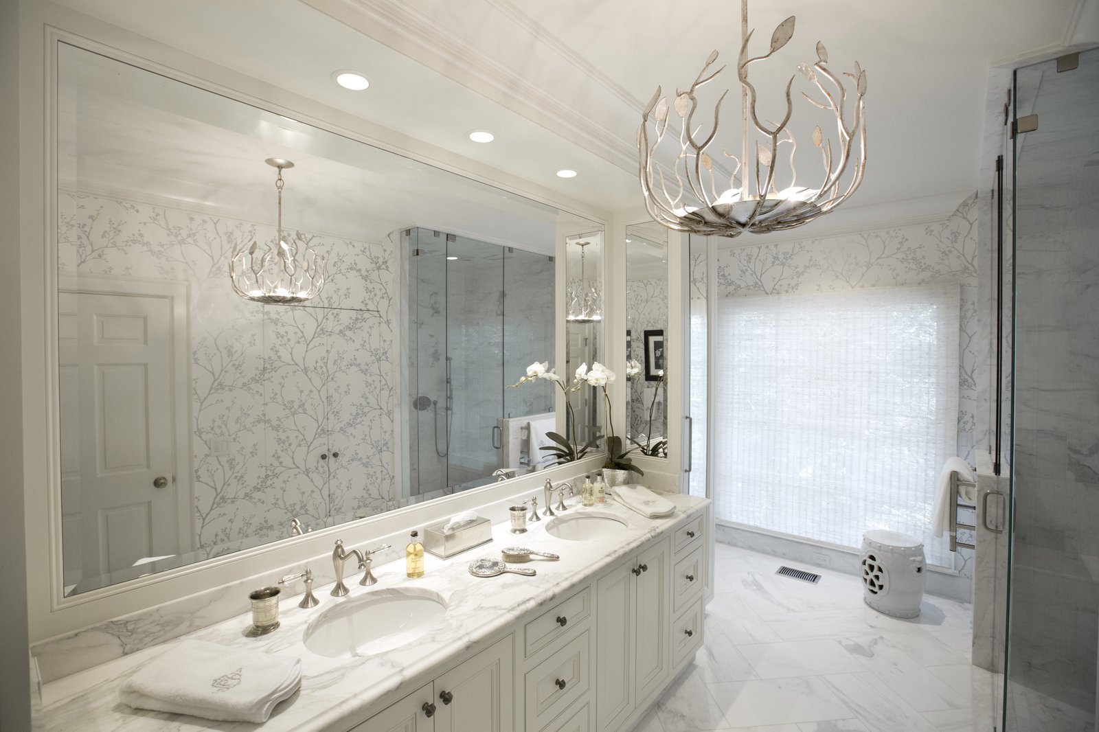 Victorian master bathroom vanity with built-in medicine cabinets and mirror
