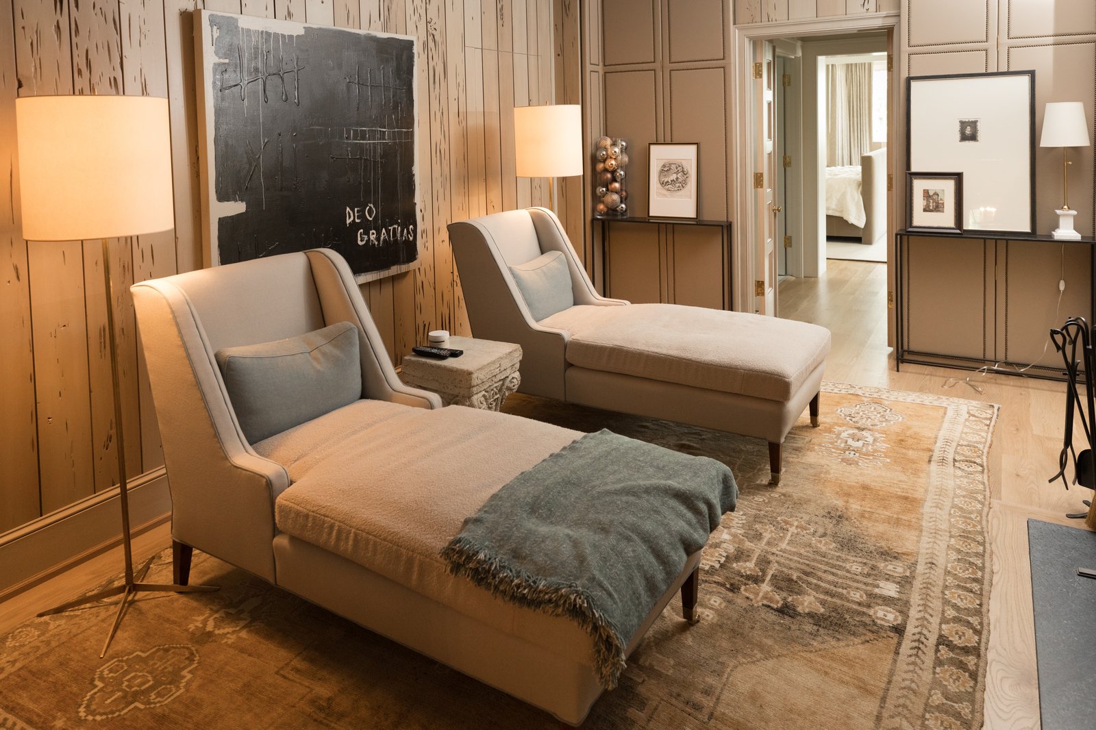 Sitting room with pecky cypress wall panels